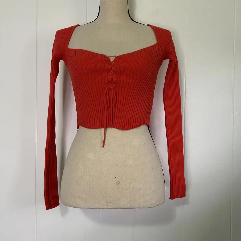 Urban Outfitters Red Ribbed Lace Up Fitted Long Sleeve Crop Top Women's Medium